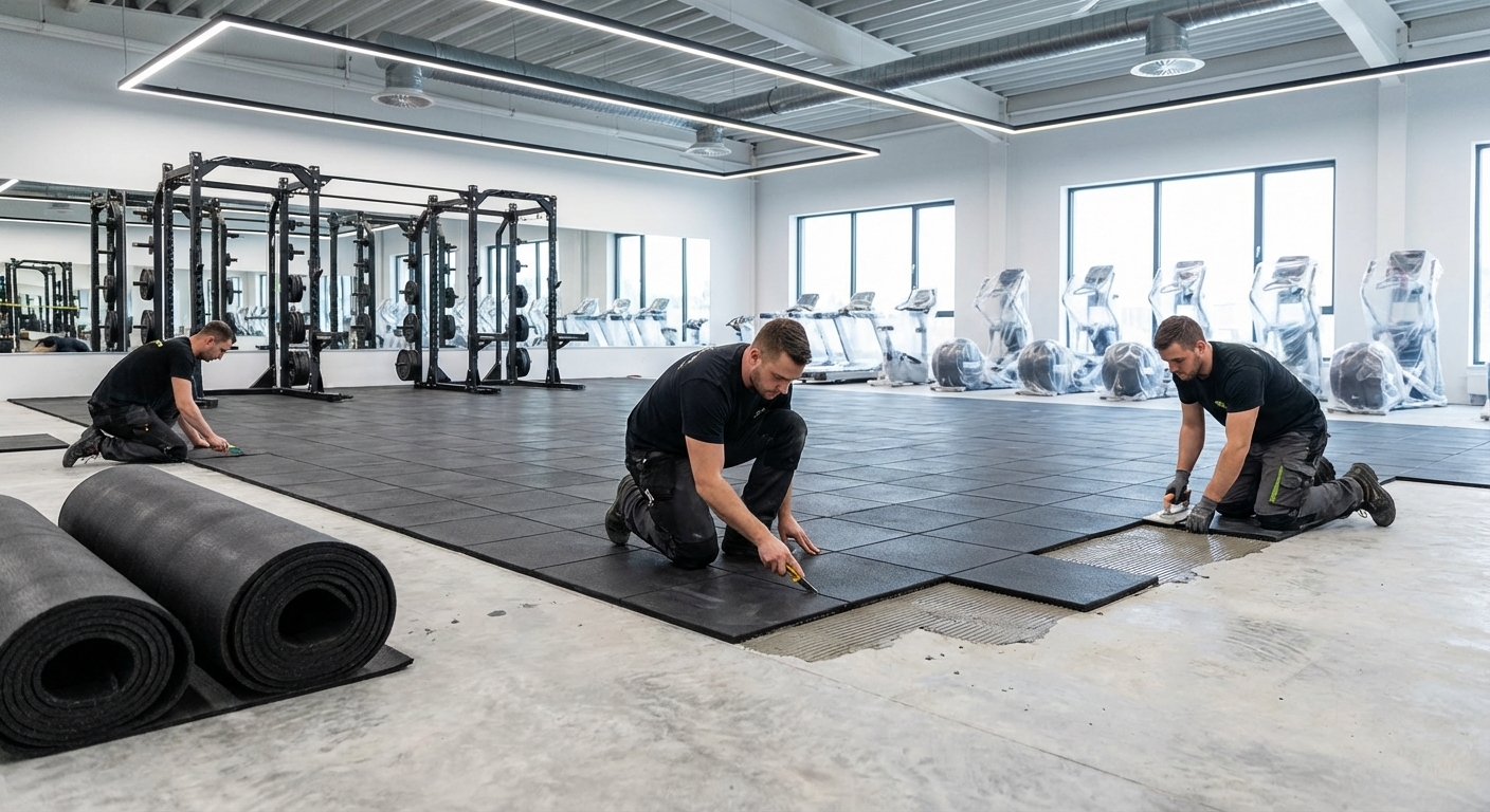 Professional gym flooring installation with rubber matting