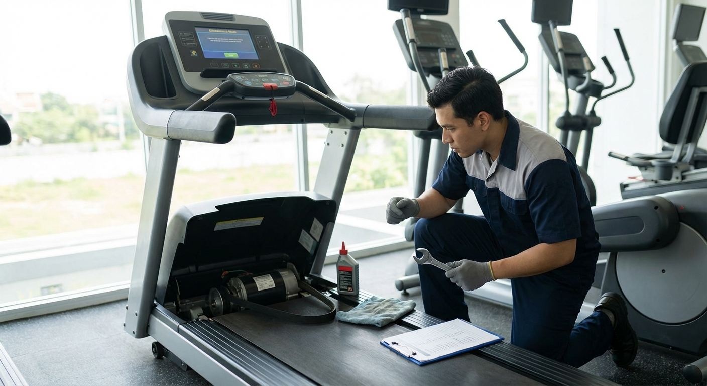 Technician performing maintenance on gym equipment
