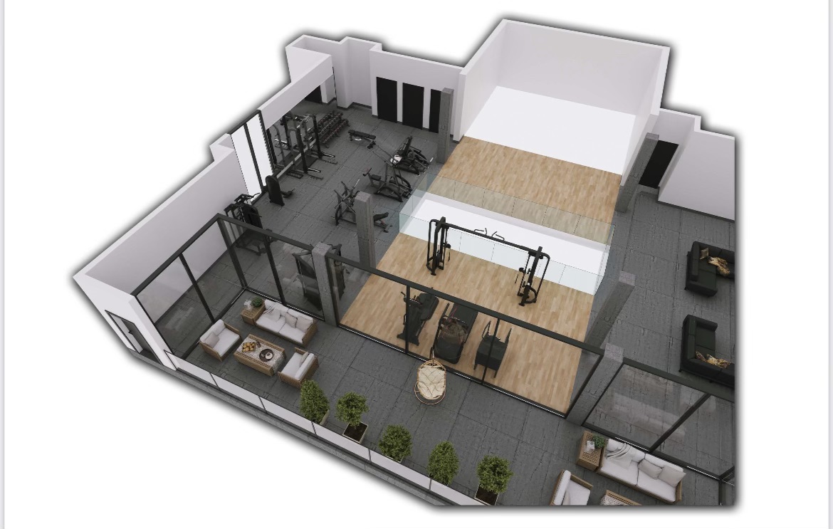 3D gym design visualization showing premium equipment layout and space planning